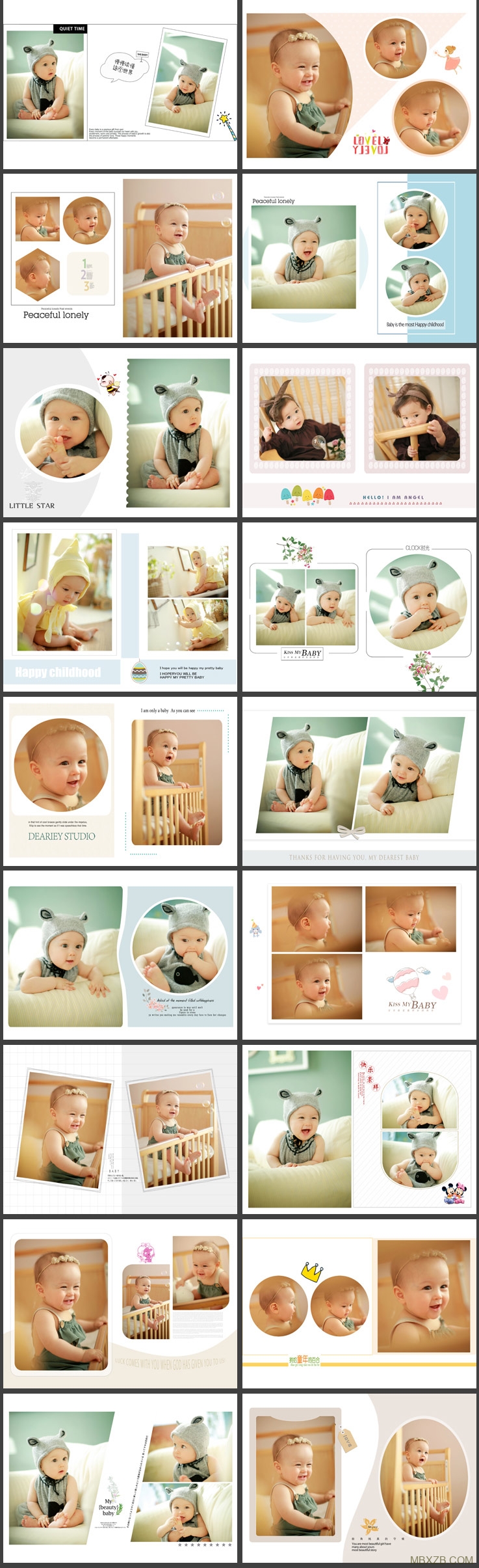 儿童相册模板PSD竖版2019时尚摄影宝宝照n8套版简洁排版设计素材